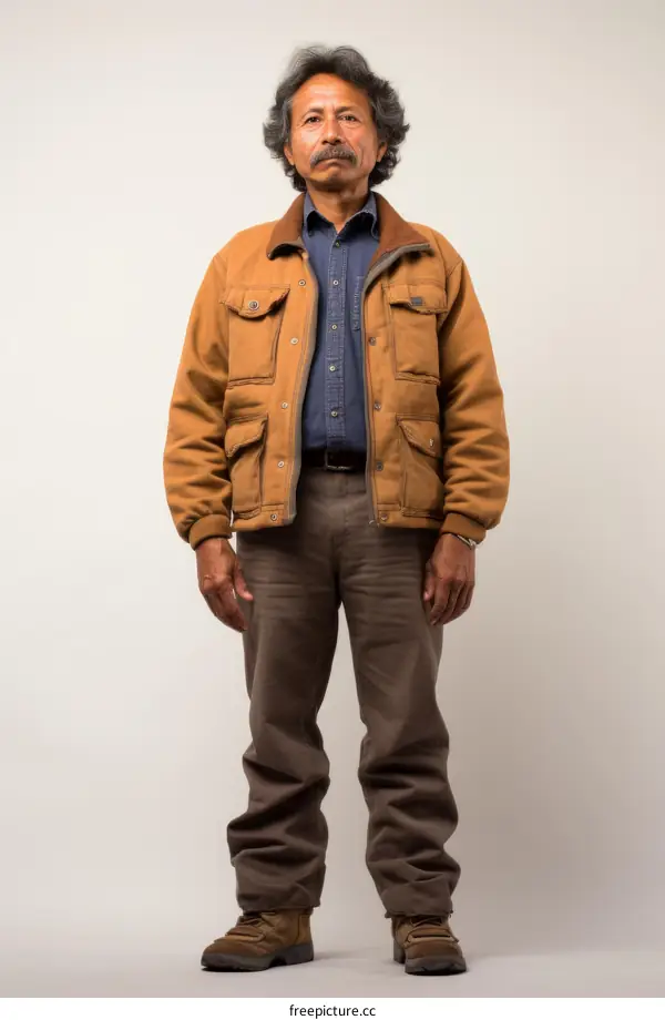 Portrait of a man in a brown jacket and blue shirt