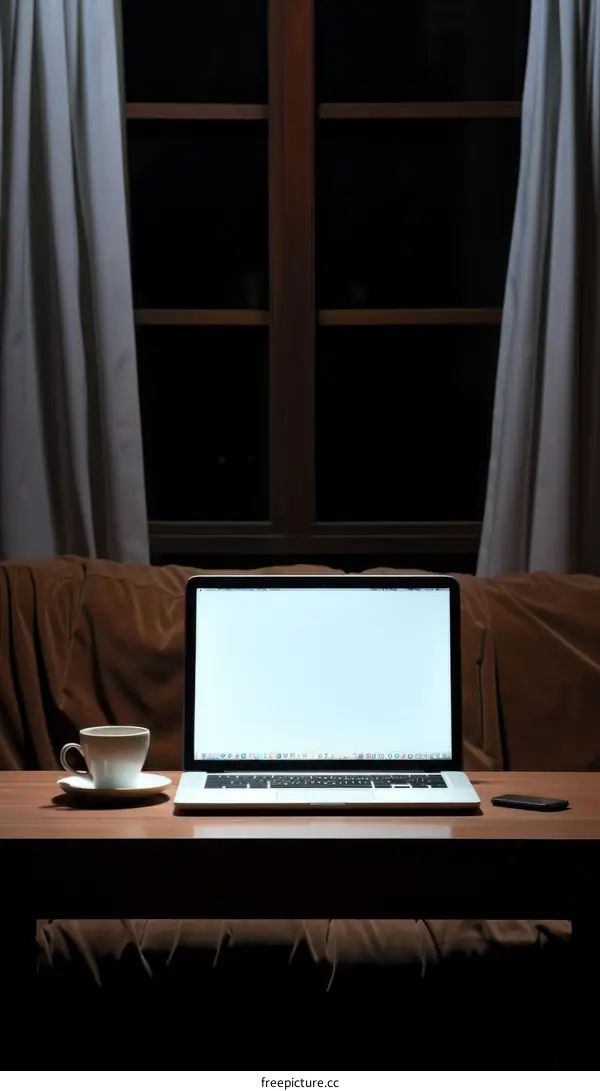 Laptop with blank screen in dark room