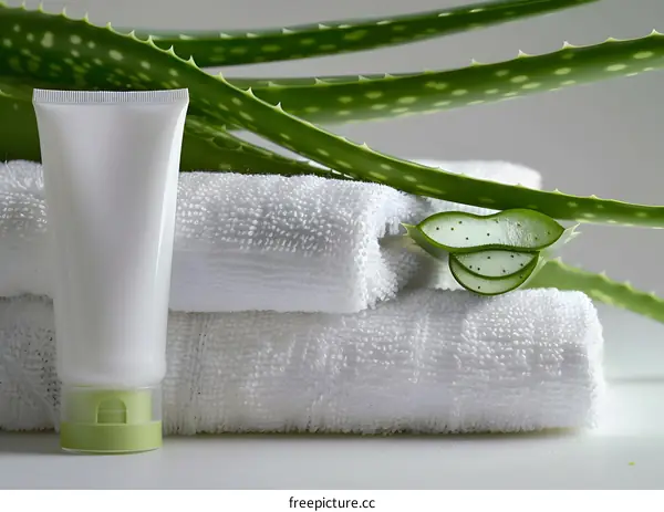 Aloe Vera Plant With Cream Tube And Towels