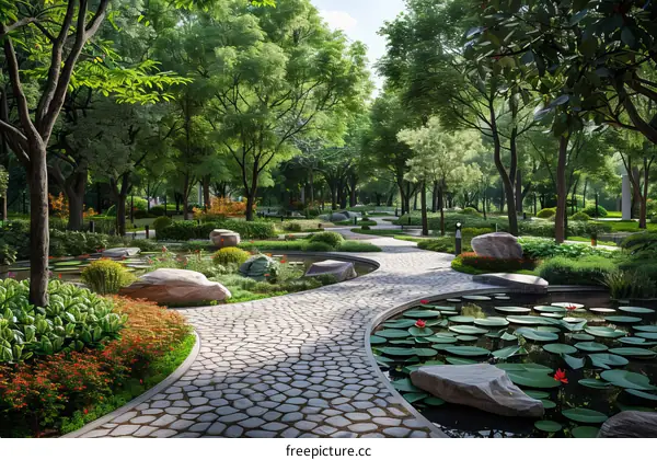 Serene Garden Pathway Illustration with Lush Greenery