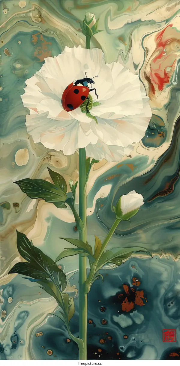 A Flower and Ladybug in Detailed Painting