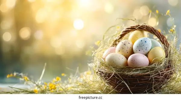 Easter Basket with Colorful Eggs in Springtime