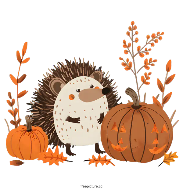 [Transparent Background PNG]Cute Hedgehog with Jack O Lantern Pumpkin for Autumn