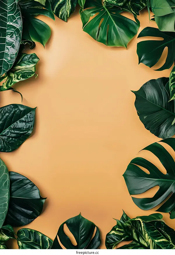 Tropical Green Leaves on Yellow Background