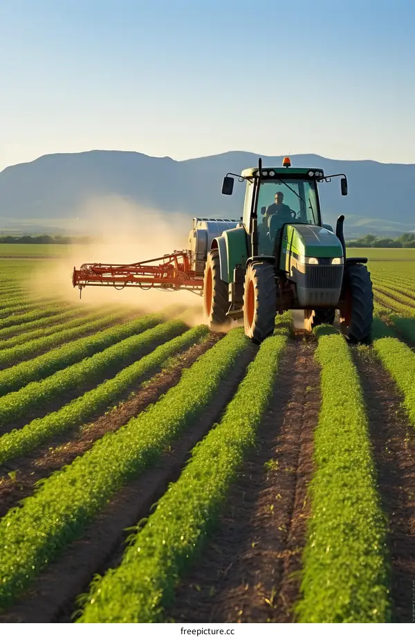Tractor spraying pesticides on a large green field with mountains in the distance