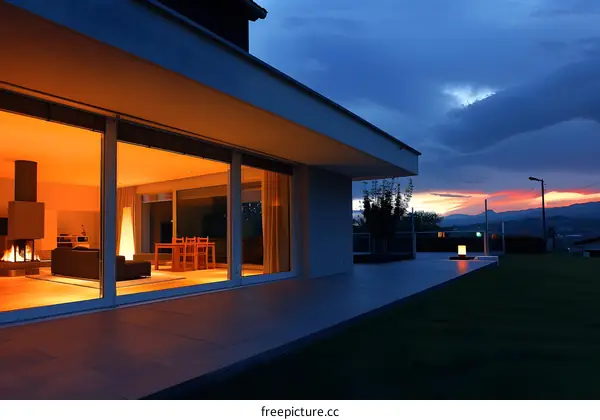 Modern House Exterior with Patio and Sunset View
