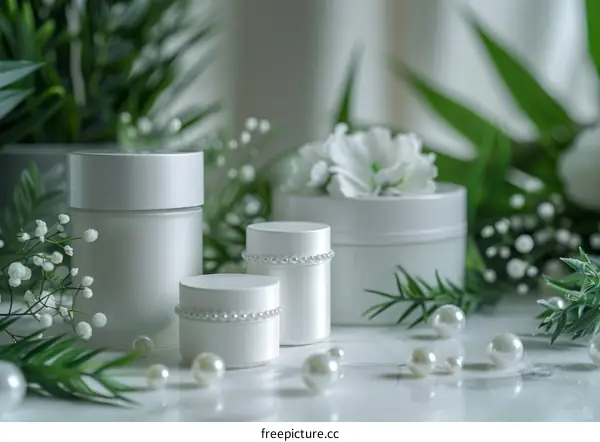 White Cosmetic Jars with Pearls & Flowers