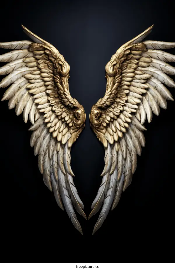 Ornate golden angel wings with white feathers 3D illustration