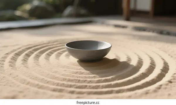 Zen garden sand pattern with bowl in center