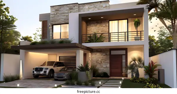 Modern Two Story House with Stone Exterior and Garage