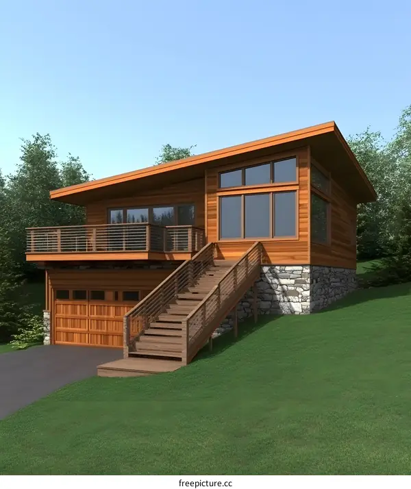 Modern Wooden House with a Deck and Stairs
