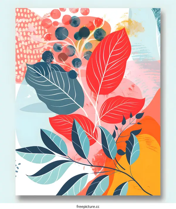 Abstract Watercolor Floral Artwork With Blue And Red Leaves