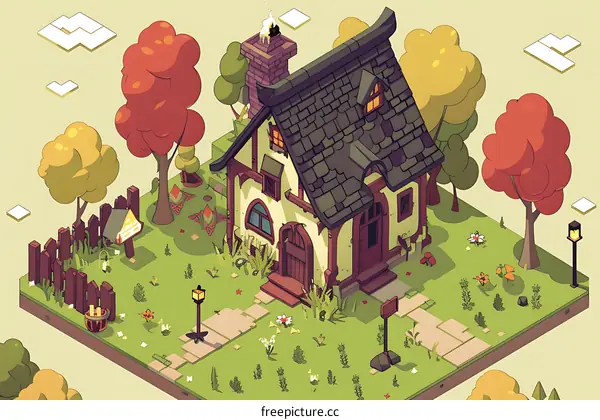 Isometric Illustration of a Cute Cottage with a Garden and Trees