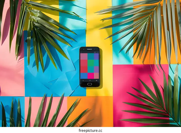 Smartphone on Colorful Background with Palm Leaves