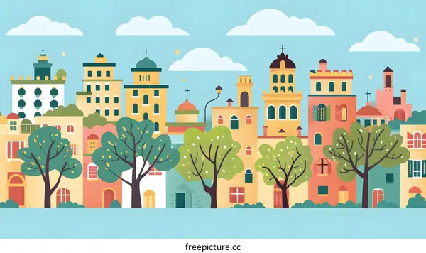Colorful Illustration of a European Cityscape