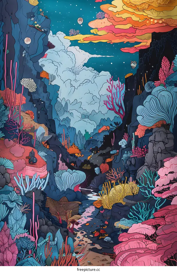 Abstract Underwater Coral Reef Illustration With Night Sky