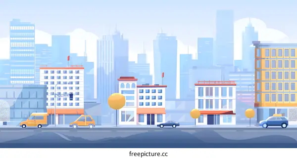 Cartoon Cityscape with Buildings and Vehicles