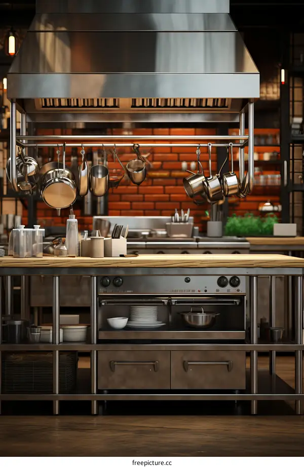 Modern Industrial Kitchen with Stainless Steel Appliances and Brick Wall