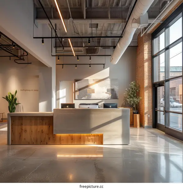 Modern office lobby interior with wood and brick accents