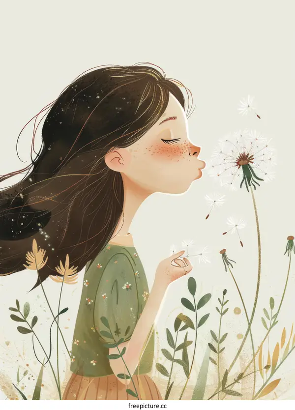 Girl Blowing Dandelion Seeds in the Field