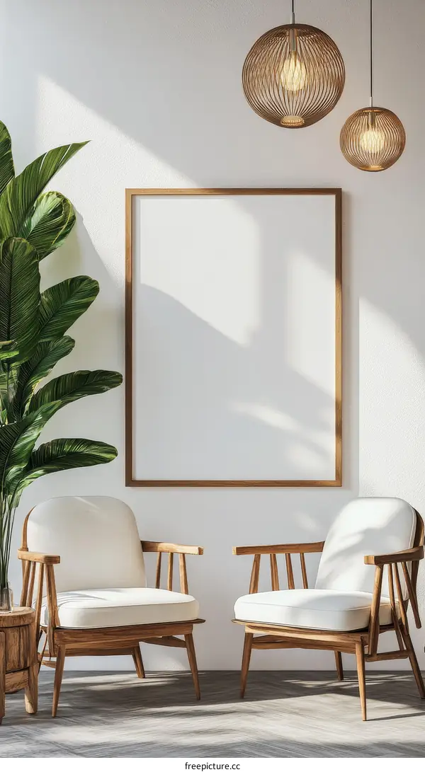 Modern Scandinavian Living Room Interior Mockup with Empty Frame