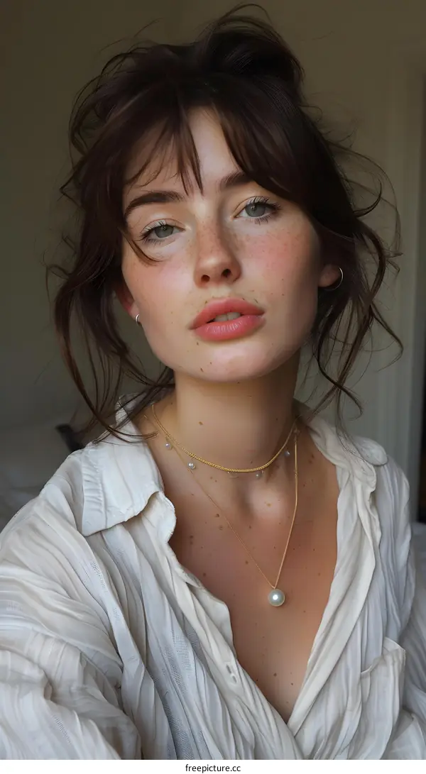 Portrait of a Young Woman with Freckles Wearing a White Shirt and a Pearl Necklace