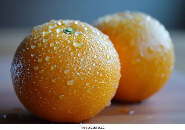 Two wet and fresh oranges on a wooden table