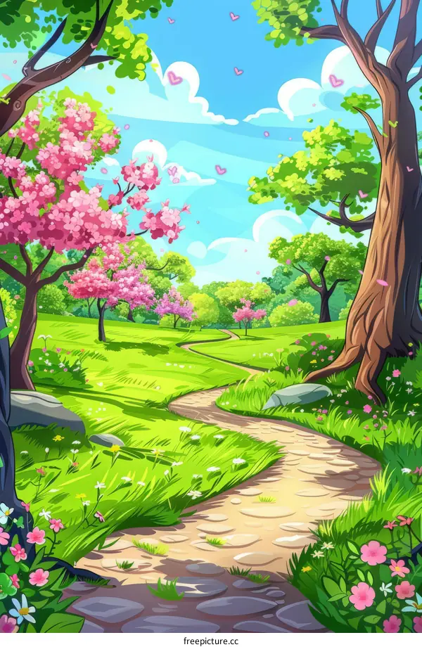 fantasy forest path with pink cherry blossom trees