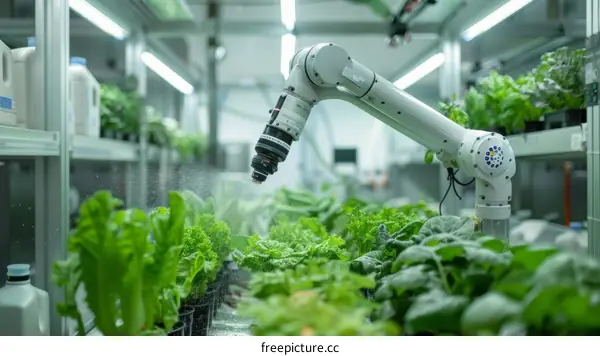 Robot spraying water on indoor plants in a greenhouse
