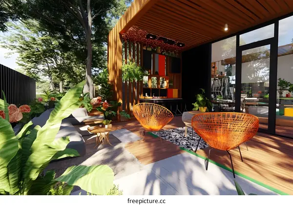 Modern Patio Design with Wooden Pergola and  Outdoor Seating