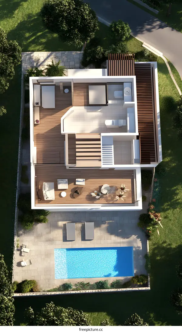 Top View Floor Plan of Modern House with Pool