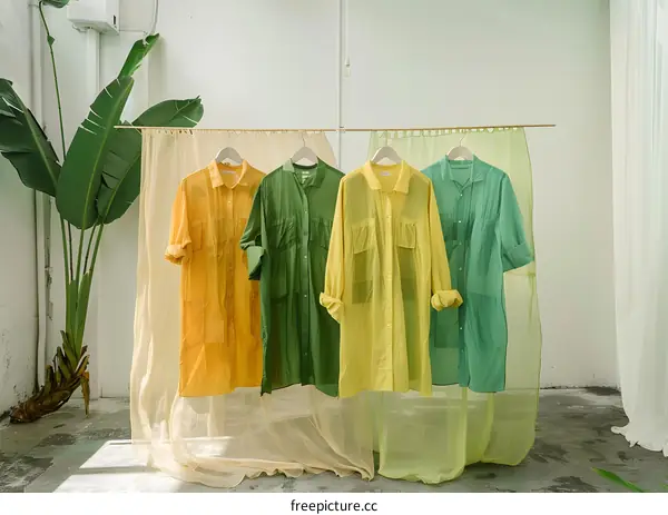 Four Colorful Shirts Hanging on a Clothesline