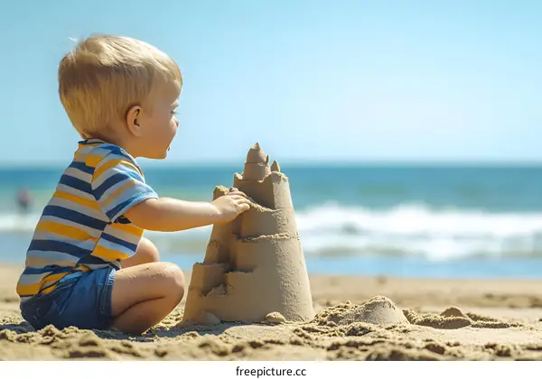 Toddler Building Sandcastle On Beach During Summer