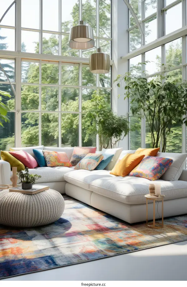Contemporary Living Room with Colorful Modern Furniture and Large Glass Windows