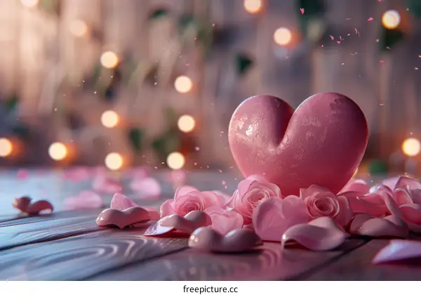 Romantic Pink Heart and Roses on Wooden Table