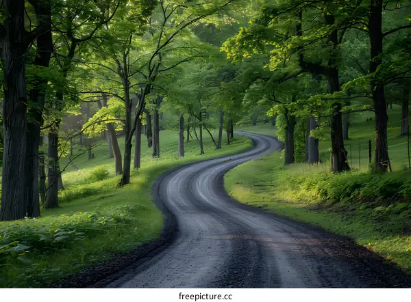 Country road through the green forest