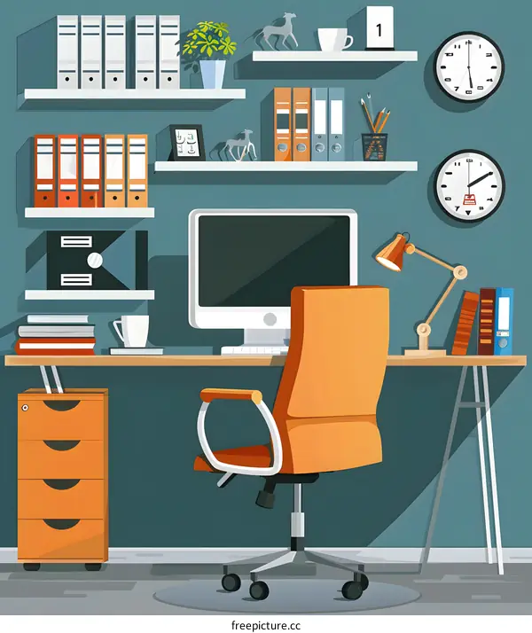 Modern Office Interior Design With Desk, Computer, Chair and Shelves