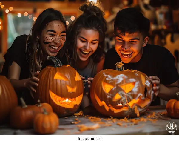 Three teenagers are carving pumpkins and laughing.