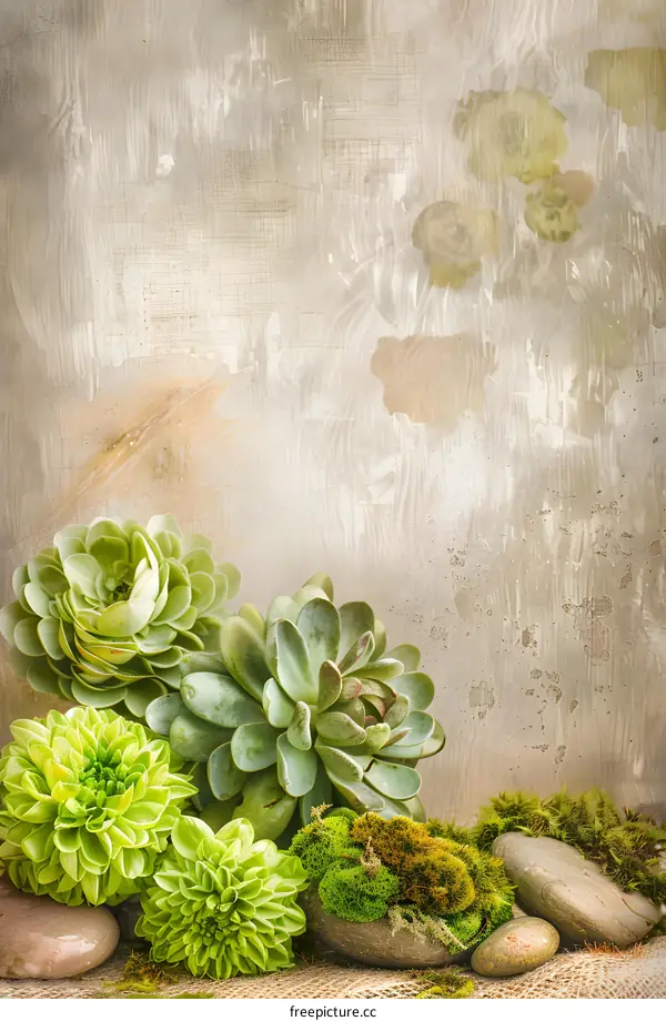 Succulents and Moss on a Rustic Background