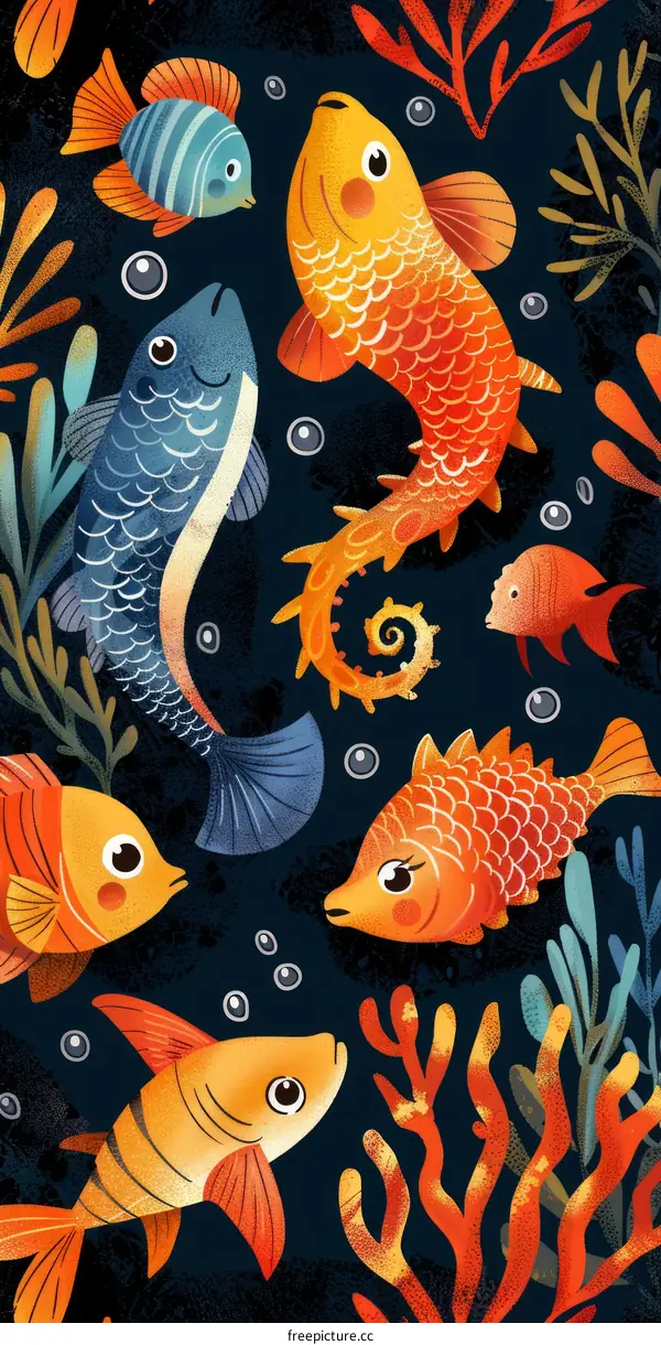 Fish Illustration with Bubbles and Corals