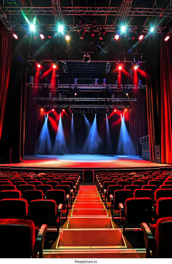 Empty Stage with Red Seats and Bright Lights