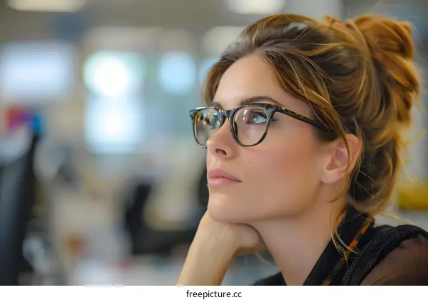 Portrait of a young woman wearing glasses and looking away