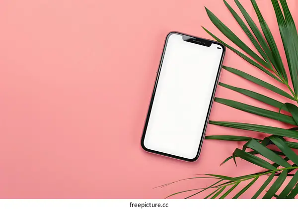 Pink Background with Phone and Palm Leaves