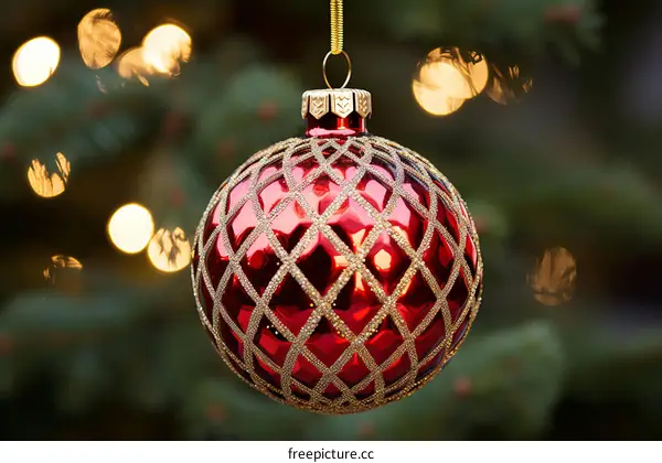 Red Christmas Ball Hanging from Glittery Pine Branches