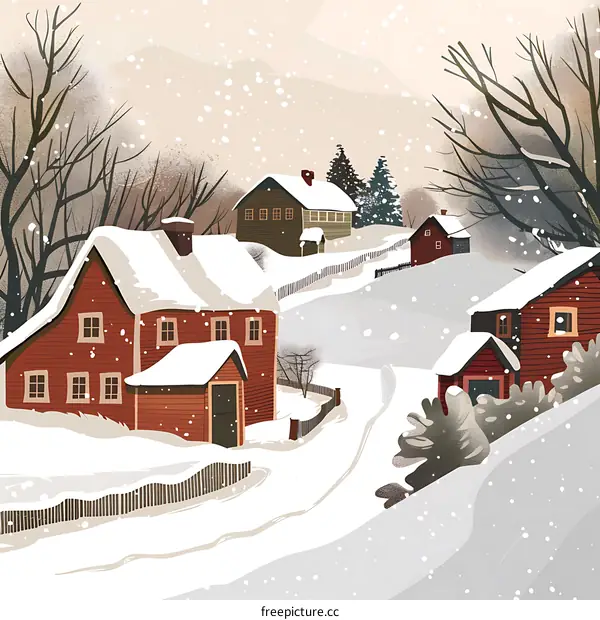 Snowy Winter Village Houses Illustration