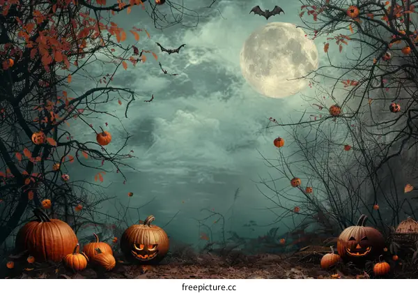 Spooky Halloween Night With Pumpkins And Bats