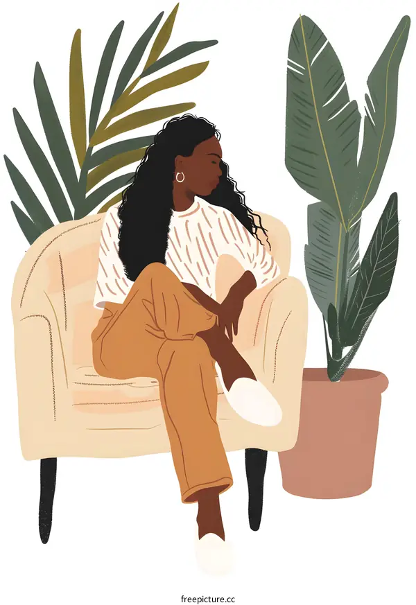 Black Woman Sitting on a Chair with Plants