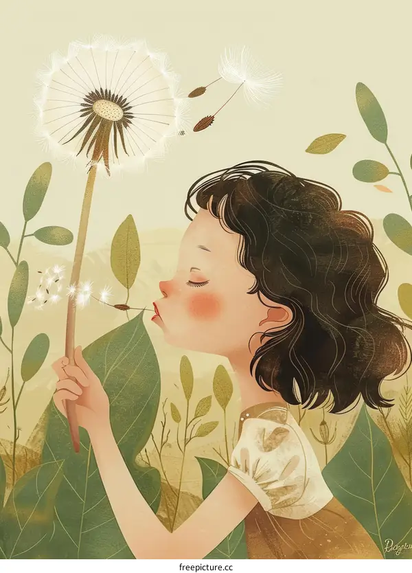 Girl Exhaling Seeds from a Dandelion