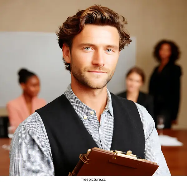 Business Meeting Caucasian Man Holding Clipboard