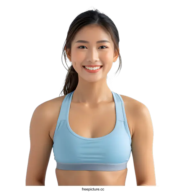 [Transparent Background PNG]Portrait of a young Asian woman in a blue sports bra smiling at the camera